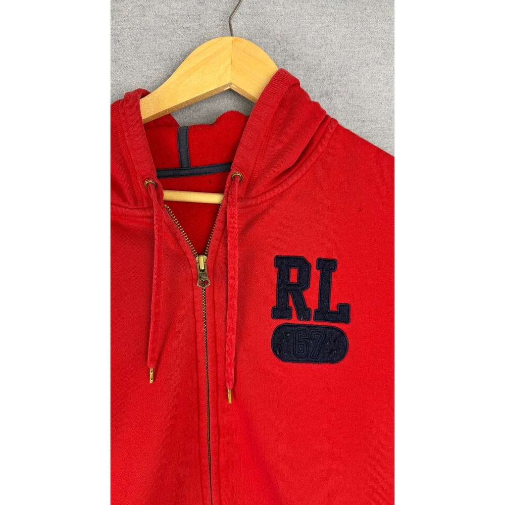 Polo Ralph Lauren Mens Full Zip Hoodie Red RL 67 Varsity Patch Sweatshirt